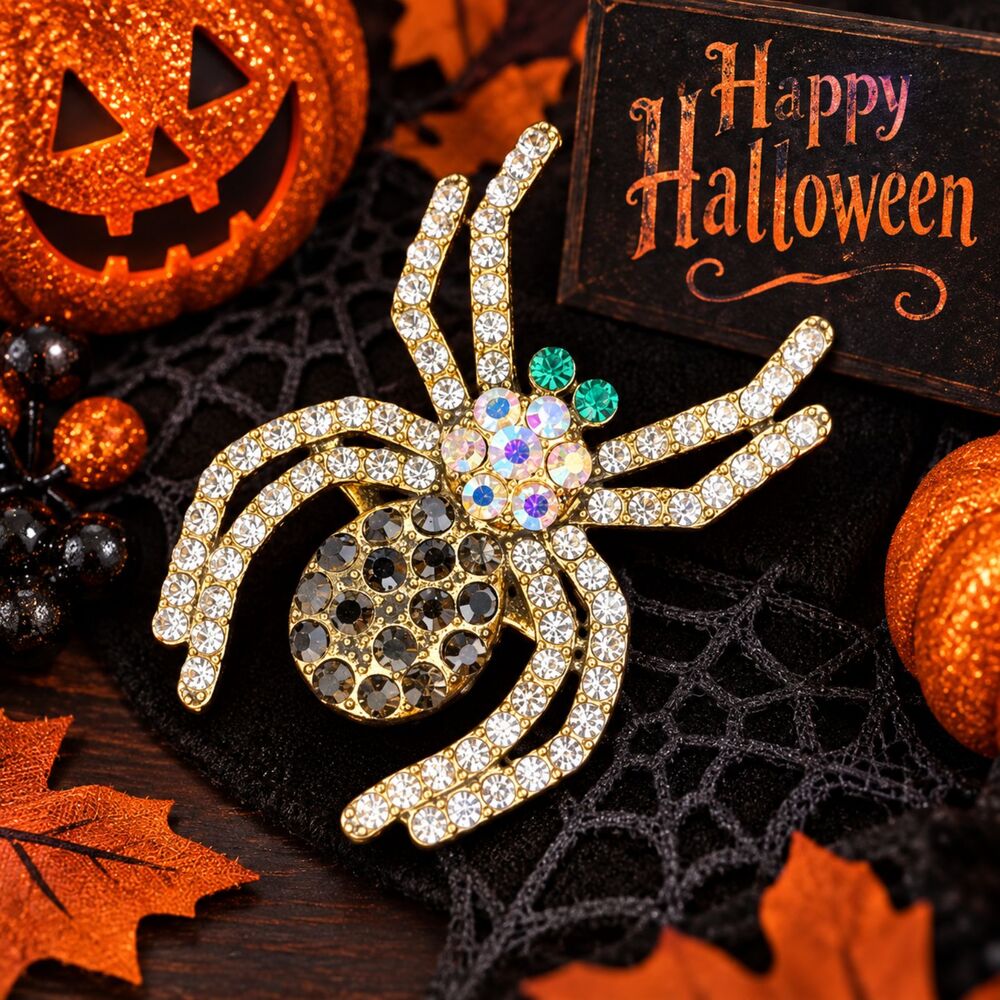 Rhinestone Black Spider Brooch Pin – Halloween Jewelry - 2 1/2"